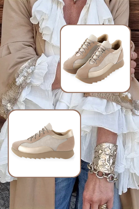 Tan beige and gold women's elegant sneakers. Round toe. Low rubber soles. Top view - Florence KOOIJMAN